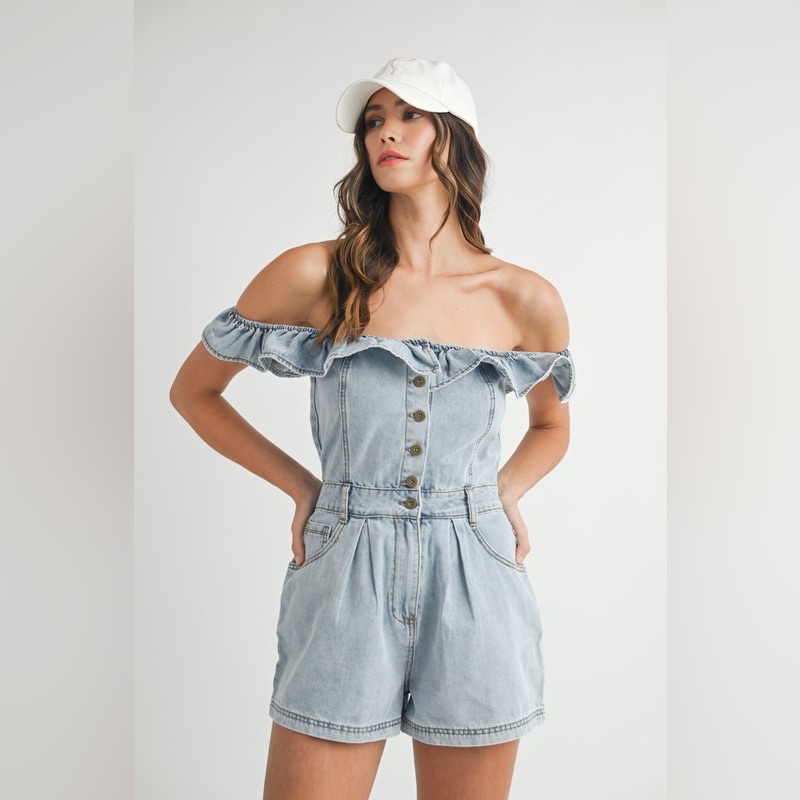 Off-Shoulder Denim Romper With Buttons